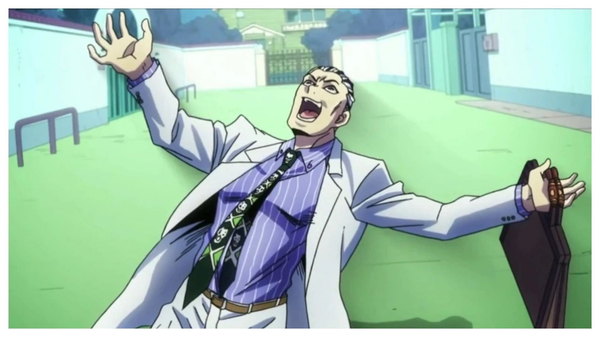 Yoshikage Kira celebrating his win prematurely (Image via David Production)